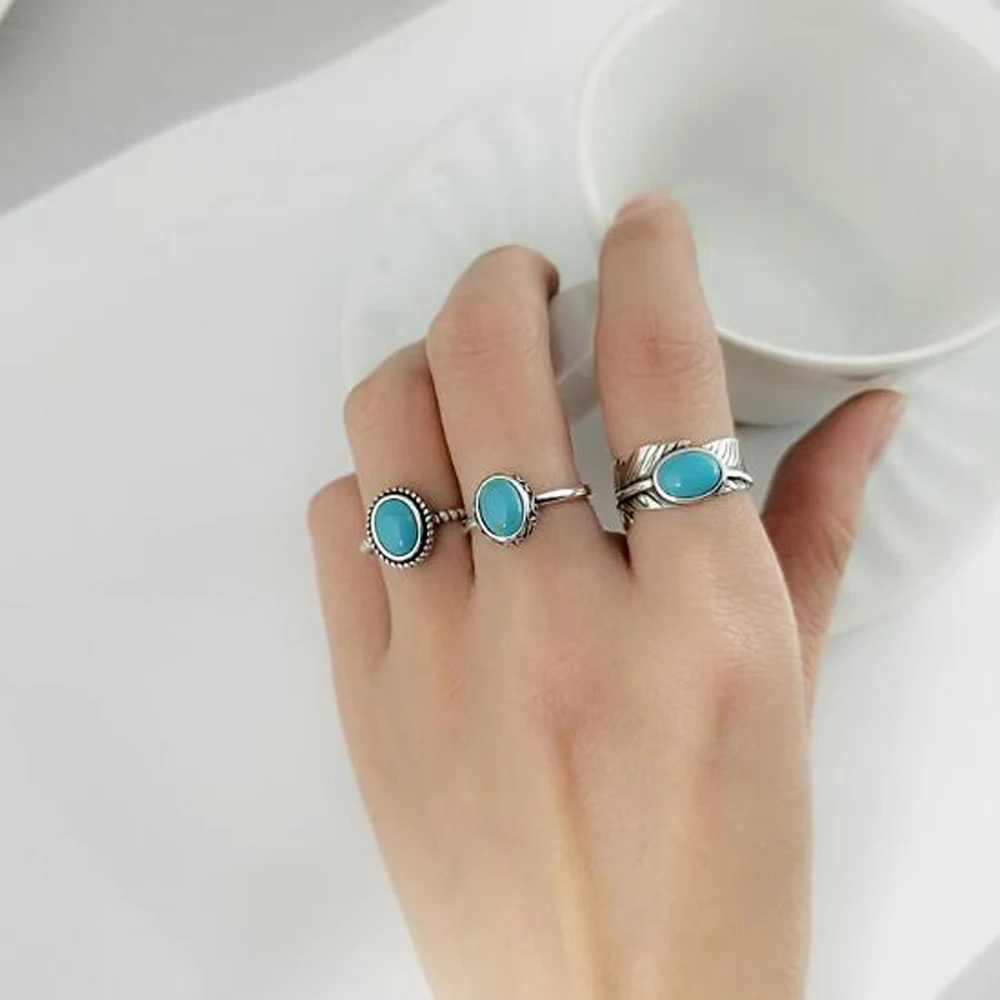 Real Pure 925 Sterling Silver Ring For Women Vintage Feather Leaf Rings Natural Stone S925 Silver Turkish Jewelry Open Ring