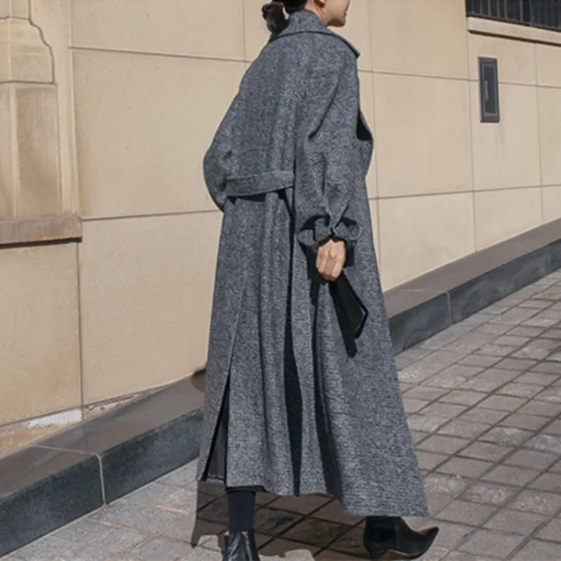 

Over-the-Knee Long Woolen Overcoat Loose And Plus-sized Herringbone Casual Students Thick Lace-up Pretty Type Woolen Jacket Fash