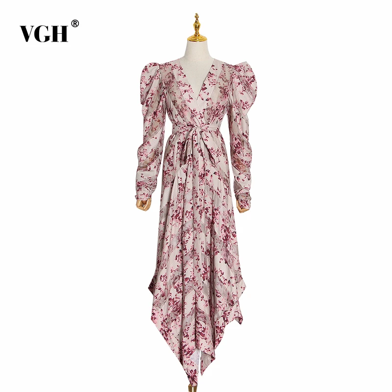 

VGH Summer Print Ankle-length Women Dress V Neck Puff Long Sleeve Bandage Bow Hem Asymmetrical 2019 Female Dresses Fashion New