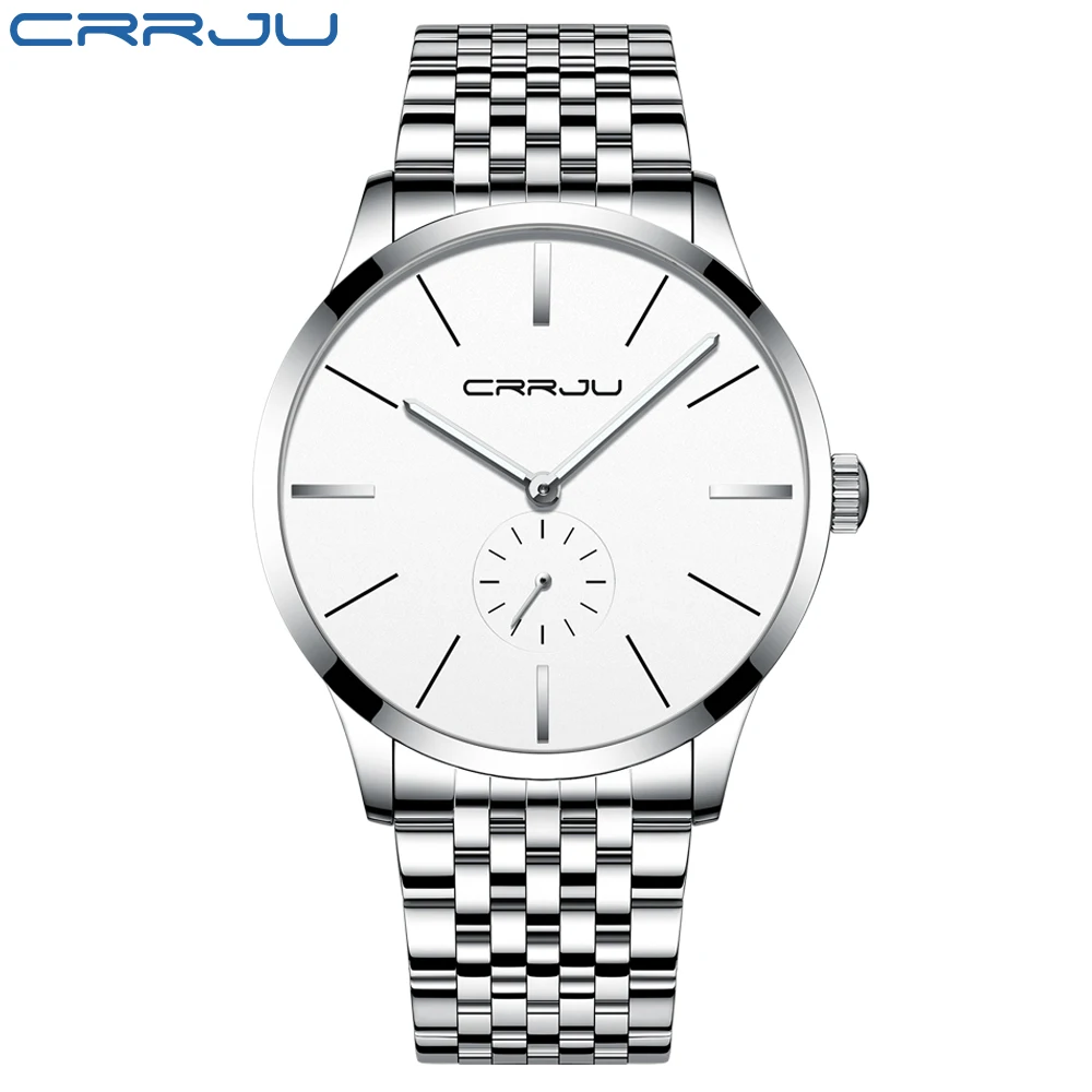silver white Мужские часы CRRJU Топ бренд класса люкс водонепроницаемые ультра тонкие часы мужские стальной ремешок повседневные кварцевые часы мужские спортивные наручные часы - Цвет: silver white