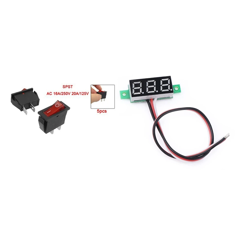 5 Pcs 2 Pin SPST Red Neon Light On/Off Rocker Switch AC 16A/250V 20A/125V &amp 1 LED Panel Display Digital Small 0.36 Inch | Электроника