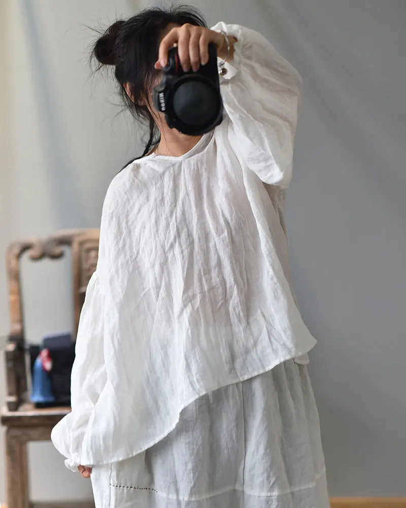 Women Spring 2020 Linen Blouse Ladies Vintage Solid Color Retro Lantern Sleeve Plus Size Shirt Tops Summer Flax Shirt white blouse for women