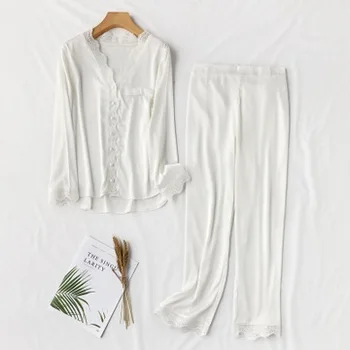 

HaloSweet Casual Slik Sleepwear Sexy Lace Long Sleeves Pajamas Suit Two Pieces Pants Set Satin Homewear V-Neck Spring Autumn