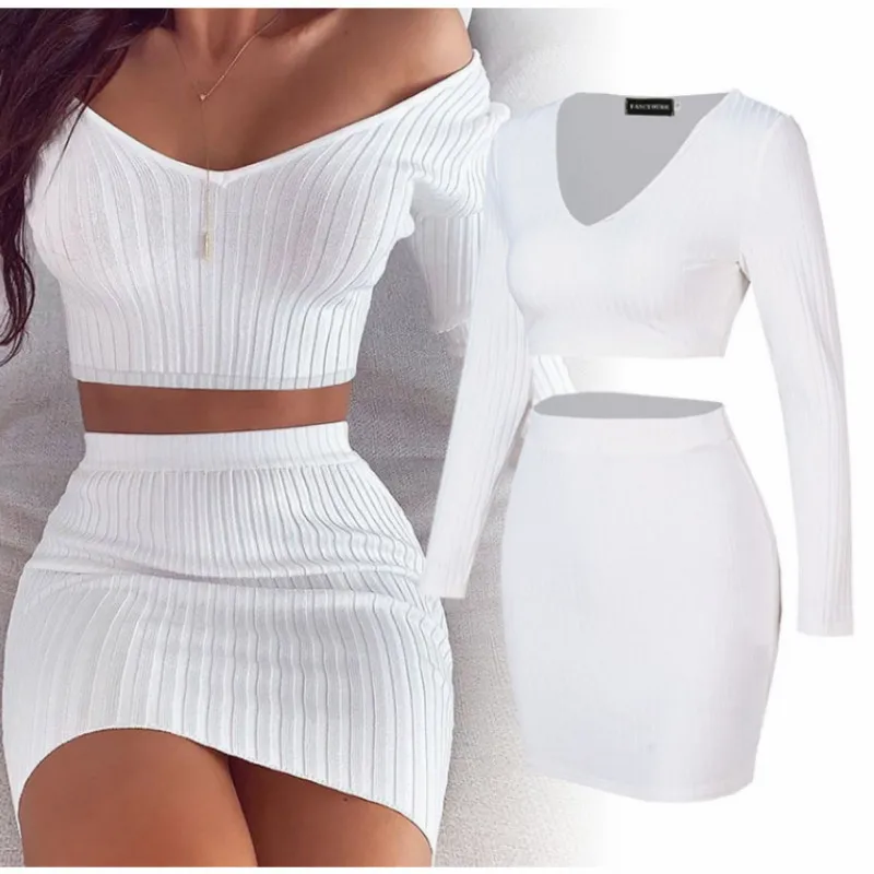 

2020 sexy fashion temperament V-neck solid color three-dimensional ribbed slim top and skirt suit sportswear two-piece suit