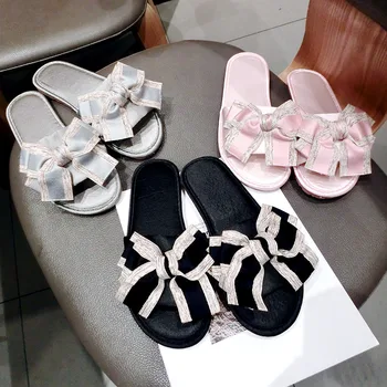 

New satin lady's open-toe bow tie home slippers fashion four seasons wild word slippers anti-slip slippers