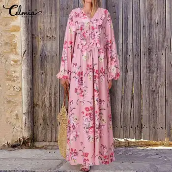 

S-5XL Bohemian Women Floral Print Long Dress Celmia 2020 Autumn Long Sleeve Casual Loose Pleated Holiday Maxi Vestido Robe Mujer