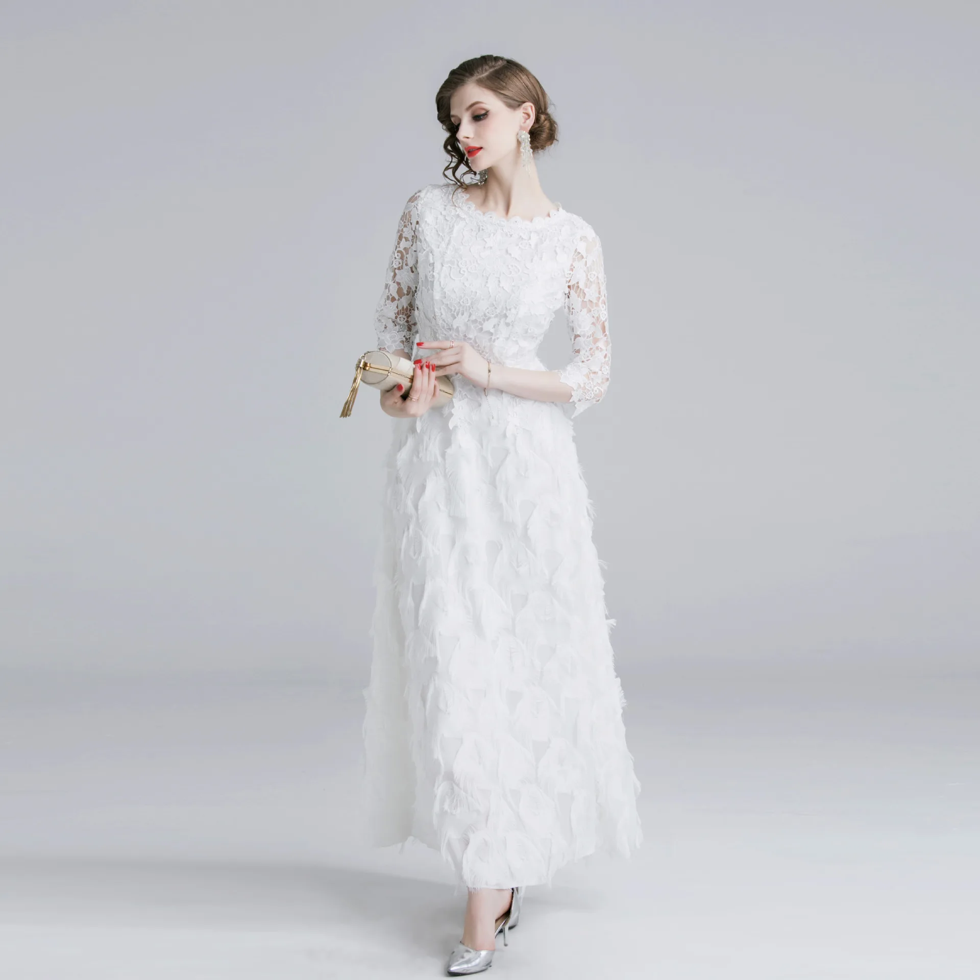 

2019 Fairy WOMEN'S Dress Women's, White Summer Half-sleeve Shirt Solid Color Hollow out Water Soluble Lace Spell Voile Tassels L