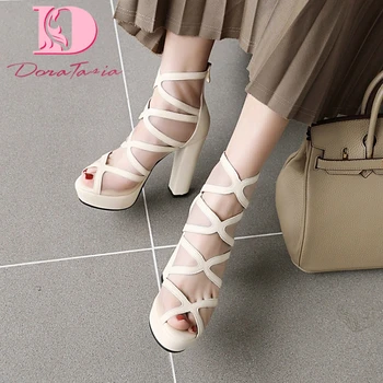 

Dora Tasia 2020 Hot Sale Large Size 43 Women Sandals Square Heels Peep Toe Platform Narrow Band Pumps Summer Casual Woman Shoes