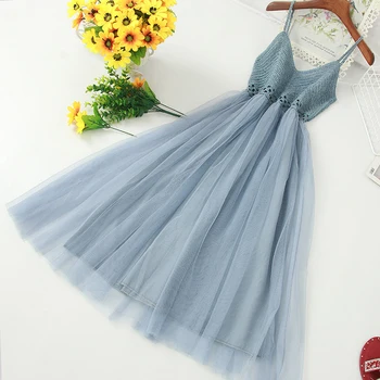 

Korean 2020 Runway Designer Sexy V-neck Women Mesh Patchwork Dress Casual Hollow Out Midi Strap Dress For Female Summer Vestidos