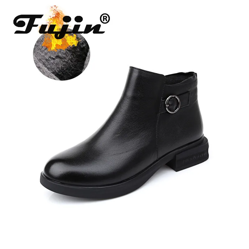 

Fujin Soft Leather Genuine Cow Women Boots Slip on Buckle Booties Fur Plush Warm Snow Boots for Autumn Winter Women Ankle Boots