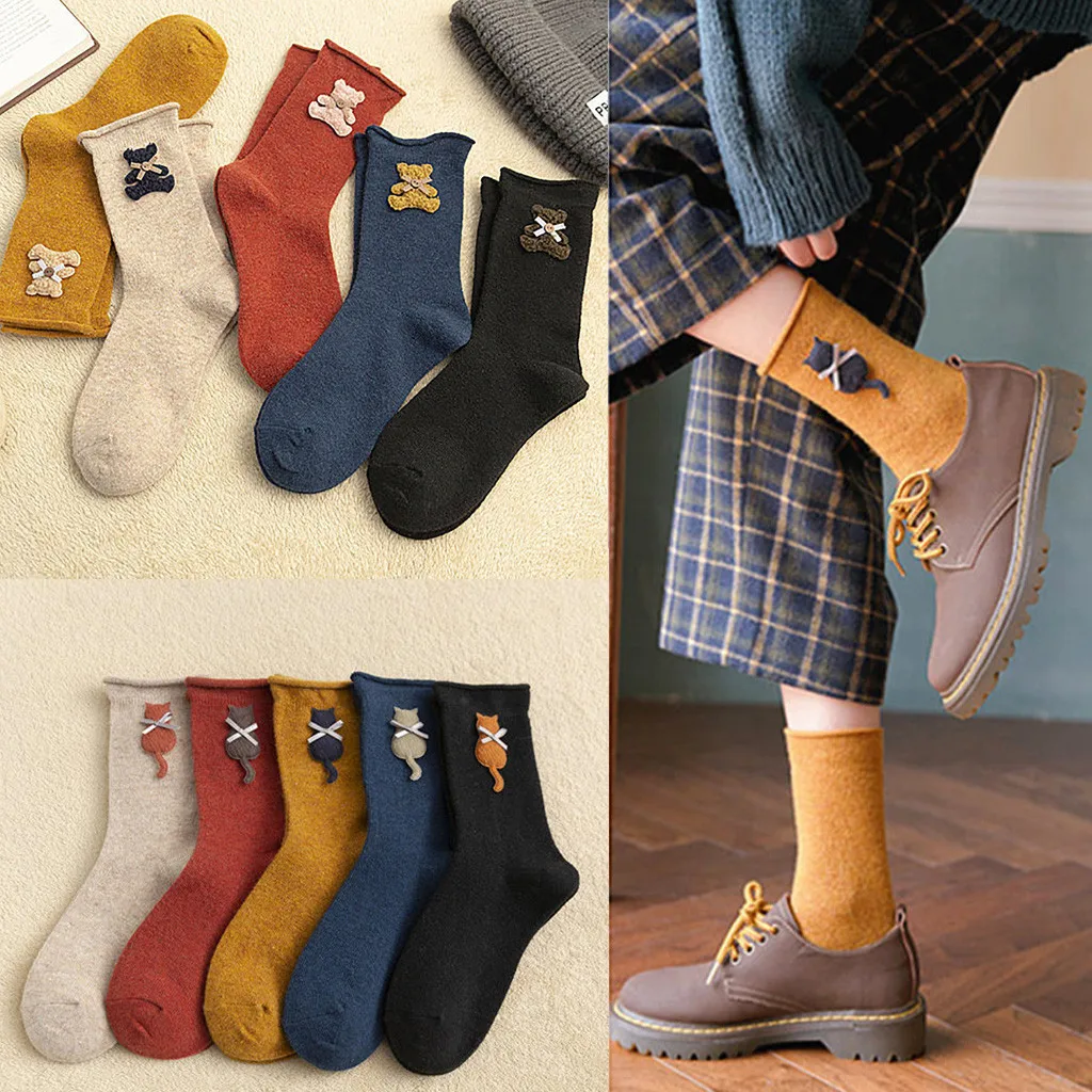 1 пара модный мультяшный медведь шитье шерсть сплошной цвет хлопок керлинг чулки Смешные Носки Харадзюку женщин мужчин унисекс Носки