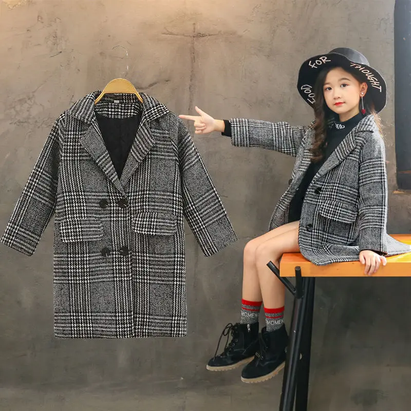 Ins/популярное шерстяное пальто для девочек модная верхняя куртка в Корейском стиле для детей от 5 до 13 лет длинное шерстяное пальто для девочек на весну и осень утепленный плащ