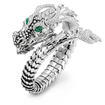 

Huitan Whole Dragon Open Ring for Men Green Eyes Heroic Spirit Silver Color Dragon Hyperbole Male Rings Punk Style Men Jewelry