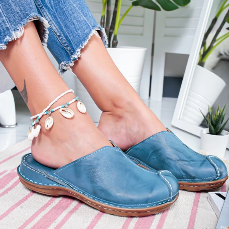 

2020 New Women Round Toe Low Heel Slide Sandals Summer Slippers Cane Woven Beach Shoes Woman Mule Flat Sandals Sandalia Feminina