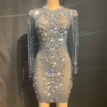 Танцевальный костюм; Сетчатое Прозрачное платье с бахромой; платья для дня рождения, празднования; вечерние платья с длинными рукавами и кисточками