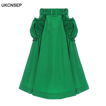

Patchwork Pockets Women Skirt Empire With Sashes Ruched Elegant Skirts Female Clothing Fashion 2020 Summer Tide