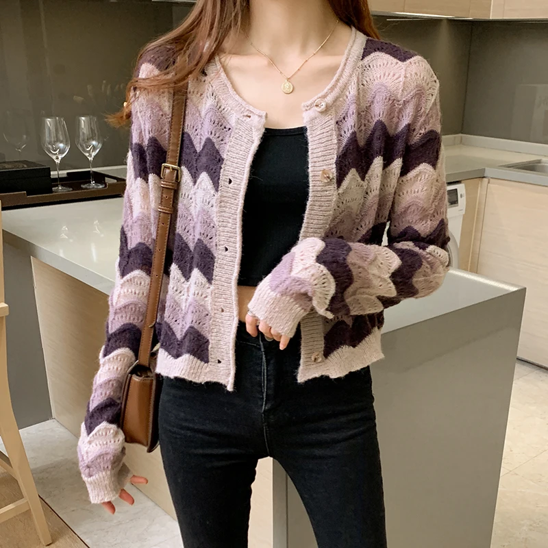 

Purple Stripe knitted cardigan New Spring Autumn 2020 Knitted Sweater Long Sleeve Coat Women Clothes O Neck Sweater Tops 831J