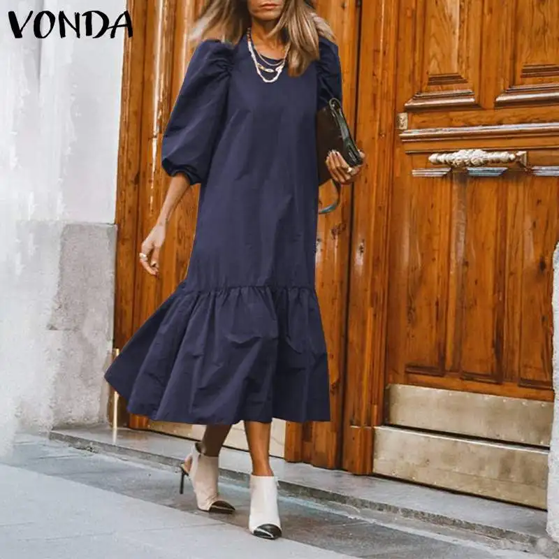 

VONDA Casual Dress Sexy O Neck 3/4 Lantern Sleeve Maxi Long Dress 2020 Summer Holiday Sundress Loose Bohemian Vestidos 5XL