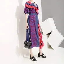 Ozhouzhan, модное женское платье, Цветочное платье, с оборками, короткий рукав, британский стиль, платье,, лето, стиль, 5150