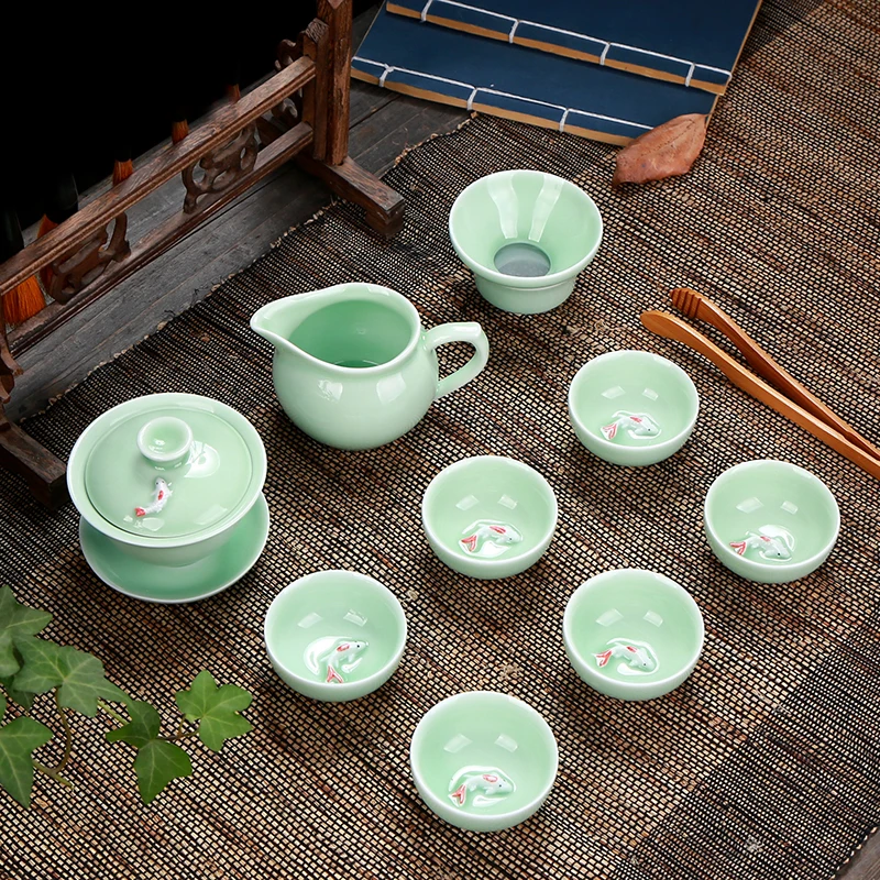 Longquan Celadon Fish Tea Set Ceramic Kettle Ceramic Gaiwan Tea Cup fish chinese kung fu tea pot drinkware For friend Gift