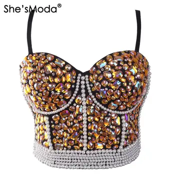 

She'sModa New Rhinestones Pearls Women's Bra Christmas Bustier Diamonds Night Club Party Cropped Top Vest Plus Size