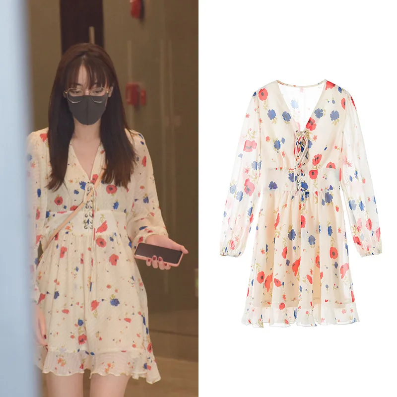 

New model of early autumn small pure and fresh and bind v neck long sleeve printed ruffled dress G0736