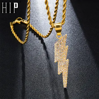 

Hip Hop Iced Out Bling Lightning Paved Rhinestoned Stainless Steel Necklace & Pendants For Men Jewelry
