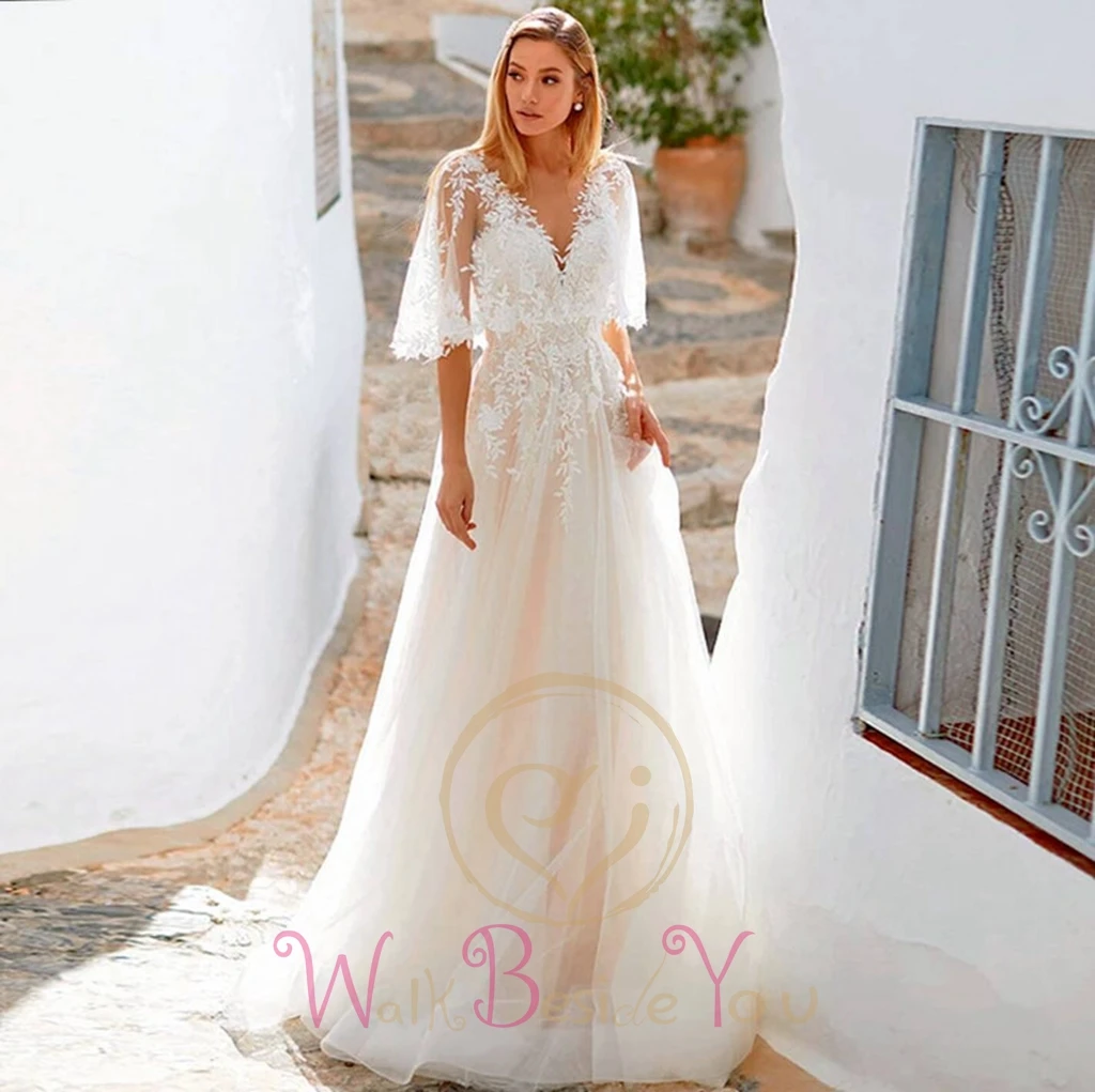 Boho Wedding Dresses Pregnant Lace Appliques Butterfly Sleeves Deep V Neck A Line Sweep Train Beach