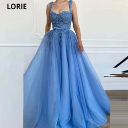 LORIE Exquisite 3D Flowers Beads Blue Long Prom Dresses 2021 Sweetheart Tulle Bow Sash Floor Length Evening Gowns With Pockets