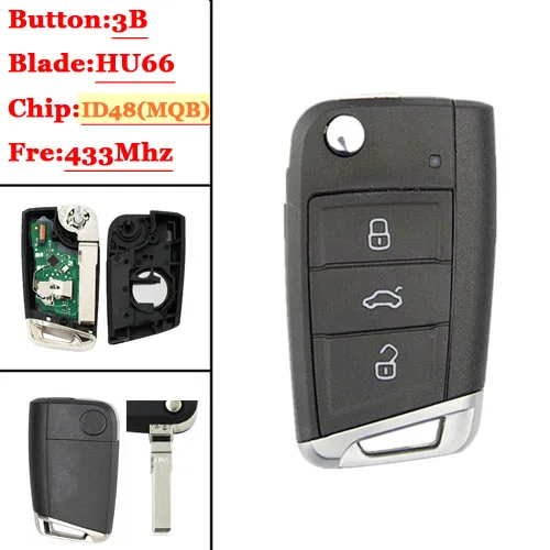 Флип-пульт дистанционного ключа и оболочки ключа для 434 МГц HU66 Uncut Blade для VW для Volkswagen Passat ID48 чип Серебряный хвост MQB Универсальный - Количество кнопок: Remote key