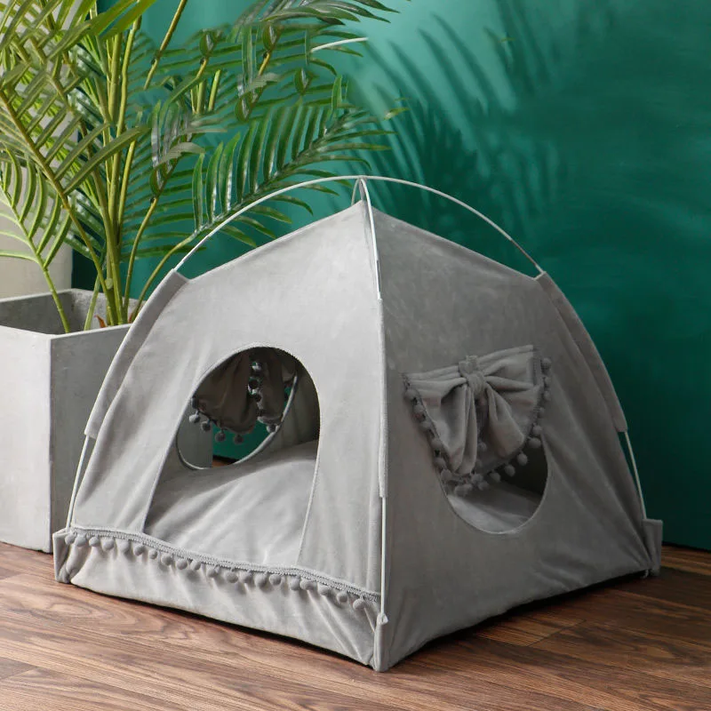 Pet Tent House Cat Bed Portable Teepee Thick Cushion Available for Dog Puppy Outdoor Indoor Portable Linen Pet Dog Tent Supplies
