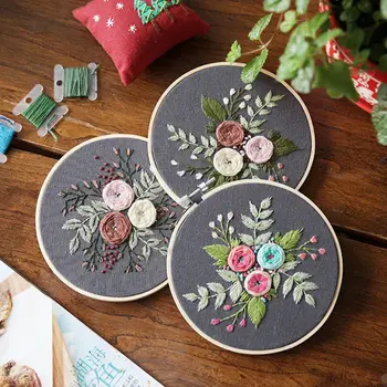 

DIY Embroidery Flower Handwork Needlework for Beginner Cross Stitch Kit Ribbon Painting Embroidery Hoop Art Home Decoration