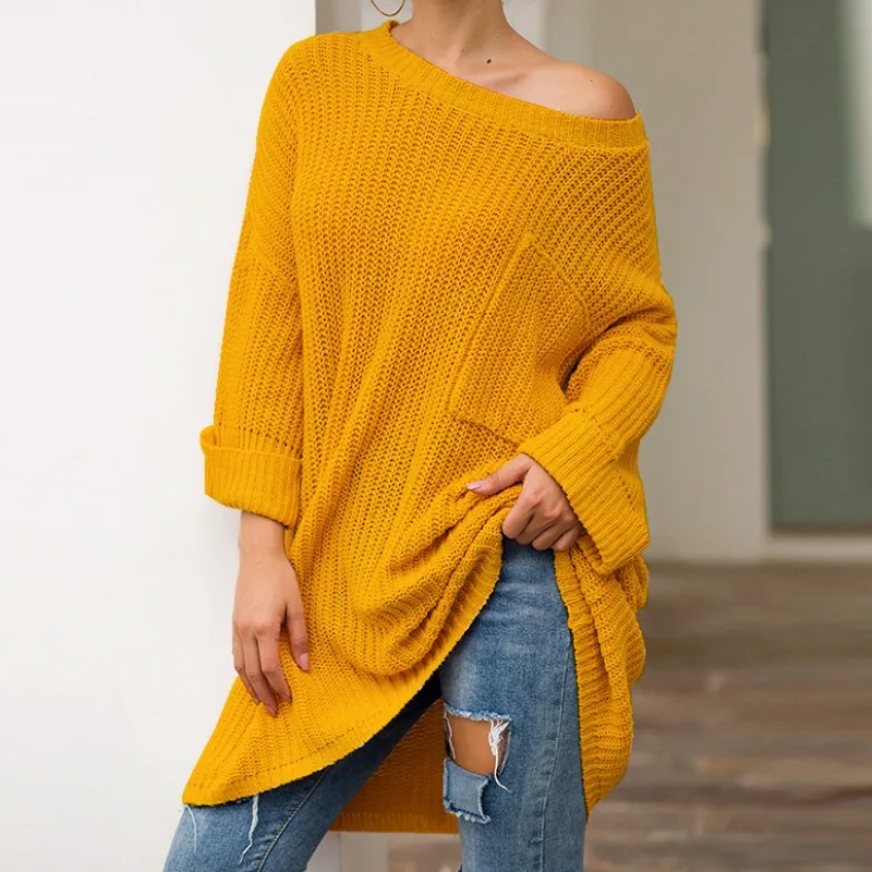 

Off Shoudler Loose Women Sweaters Pullovers Autumn Winter Casual Long Sweaters Ladies Lazy Style Sweater Pocket Outwears GV698