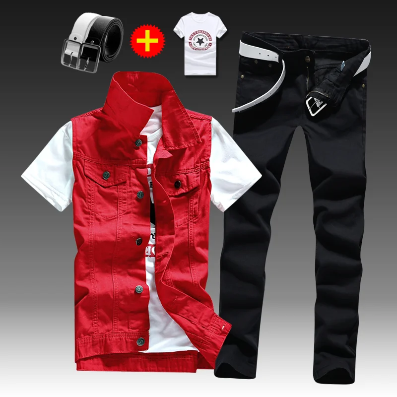 2021 New Thin Mens Vest Trousers 2pcs Set Denim Waistcoat Pencil Pants Casual Boys Slim Fit Single Breasted 4