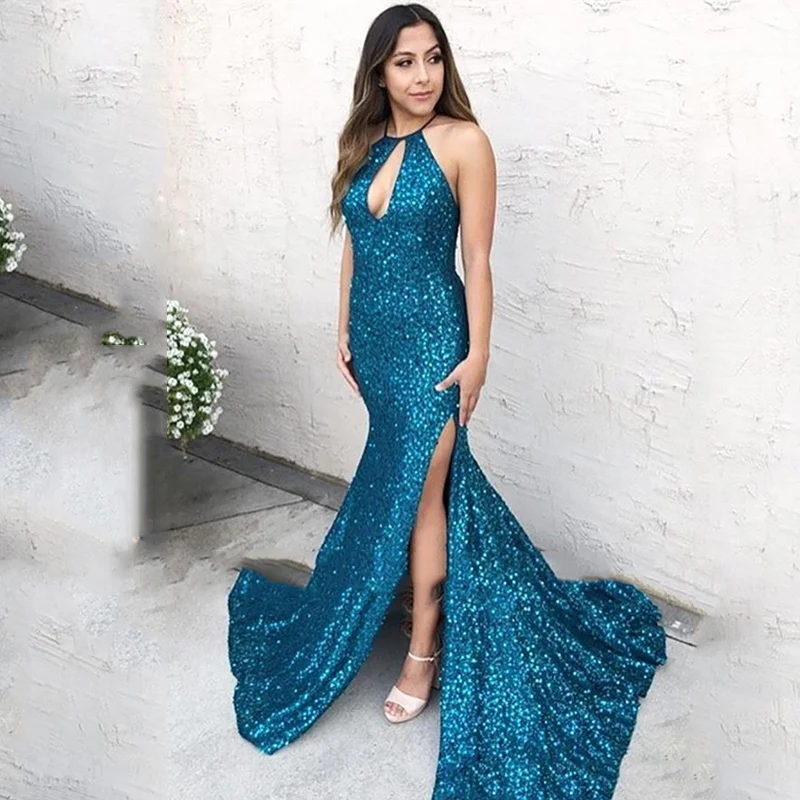 

Smileven Shiny Sequin Evening Dress Mermaid Halter Prom Gowns Side Split Evening Party Dress Robe De Soiree