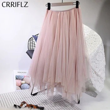 

Autumn Winter Mesh Pleated Skirts Womens High Waist Solid Ball Gown New Fashion Irregular Women Midi Skirts CRRIFLZ