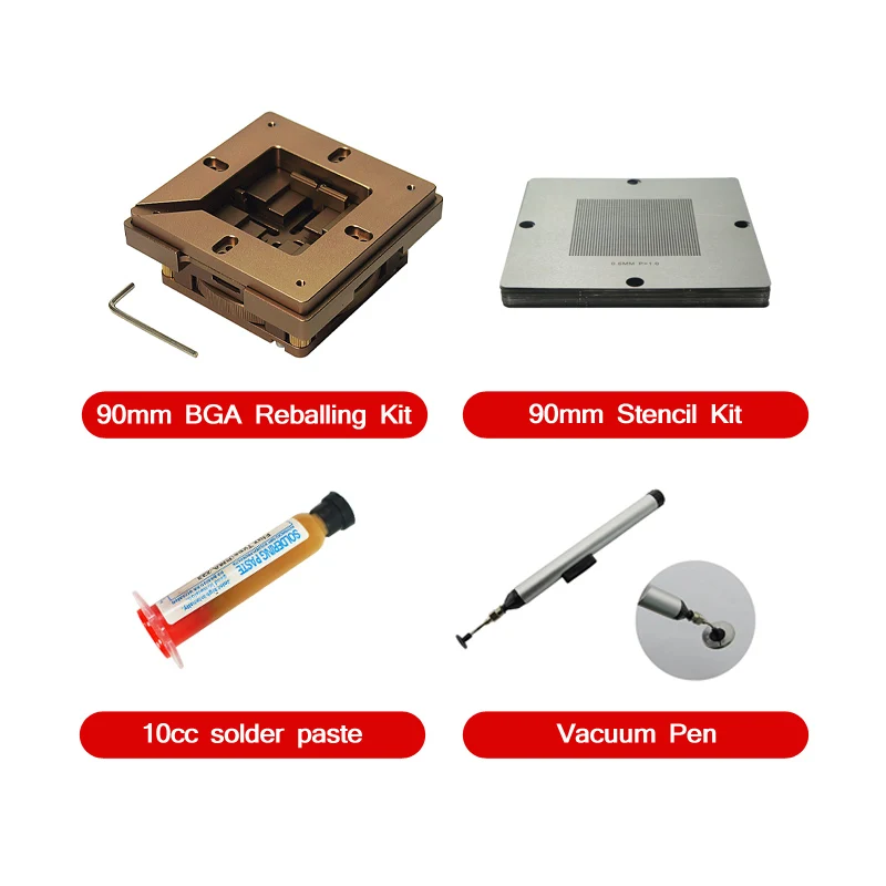 

Aluminium alloy BGA Reballing Kit auto Lock reball jig 90mm 10pcs Universal Stencil 10cc RMA-223 solder paste FFQ 939 Vacuum pen