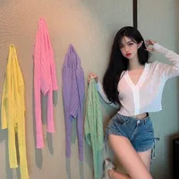Women's Solid Color Blouse Long Sleeve V-Neck Thin  Button Up Knitted Cardigan Shirt Tops 2020 1