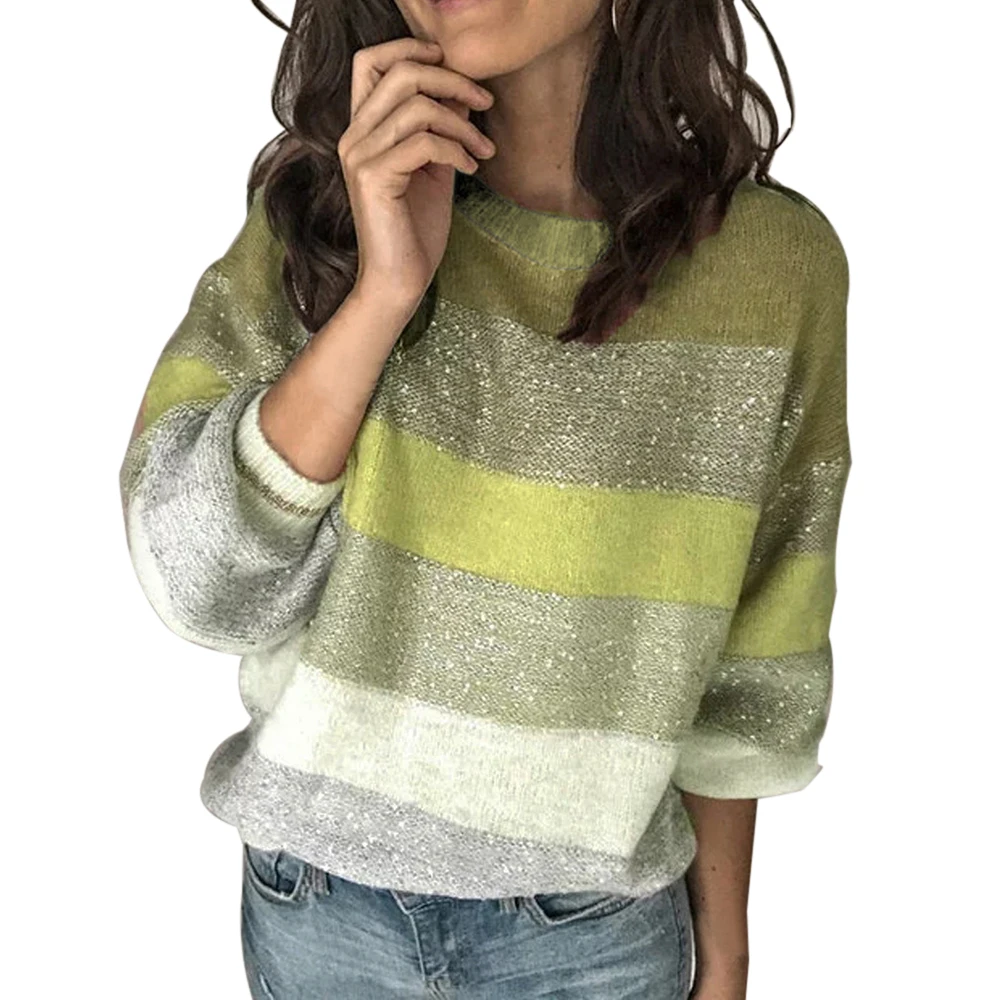 Женский вязаный свитер на осень и зиму, свитера в стиле пэчворк с круглым вырезом и длинными рукавами, повседневные свободные пуловеры, рубашки - Цвет: A2
