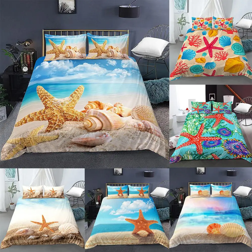 

3D Beach Shell Starfish Duvet Cover Bedding Set Pillowcase Comforter Cover Set Living Room Furniture Bed Linens Euro King Queen