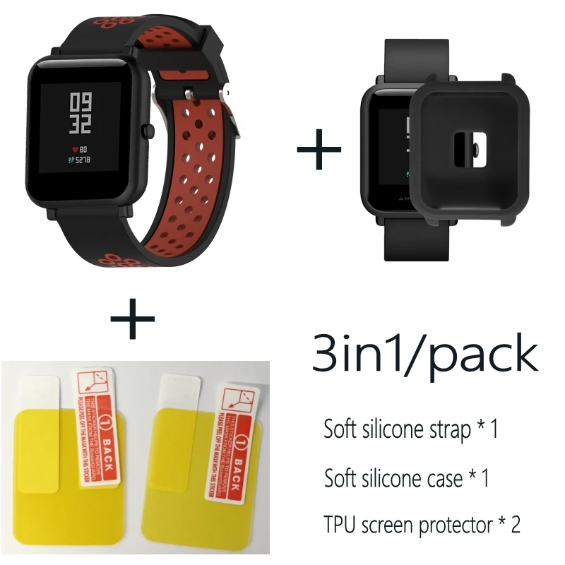 3в1 Для Xiao mi Hua mi Amazfit Bit ремешок BIP PACE Lite Молодежные умные часы mi Fit braceket+ силиконовые полосы+ мягкий чехол+ 2 пленки для экрана - Цвет: Black red-Black