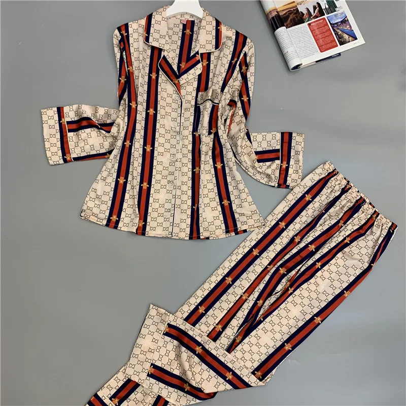 Женские пижамы весна лето модель шелковая Женская домашняя одежда с принтом длинный рукав брюки набор вискозная Пижама тонкая