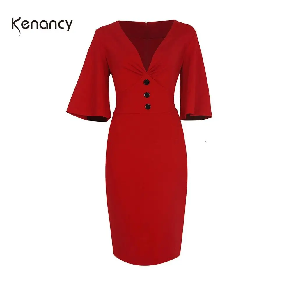 Kenancy Женское Платье Vestidos сексуальное офисное платье с глубоким v-образным вырезом однотонное тонкое платье карандаш элегантное платье с расклешенными рукавами Повседневные платья для вечеринок