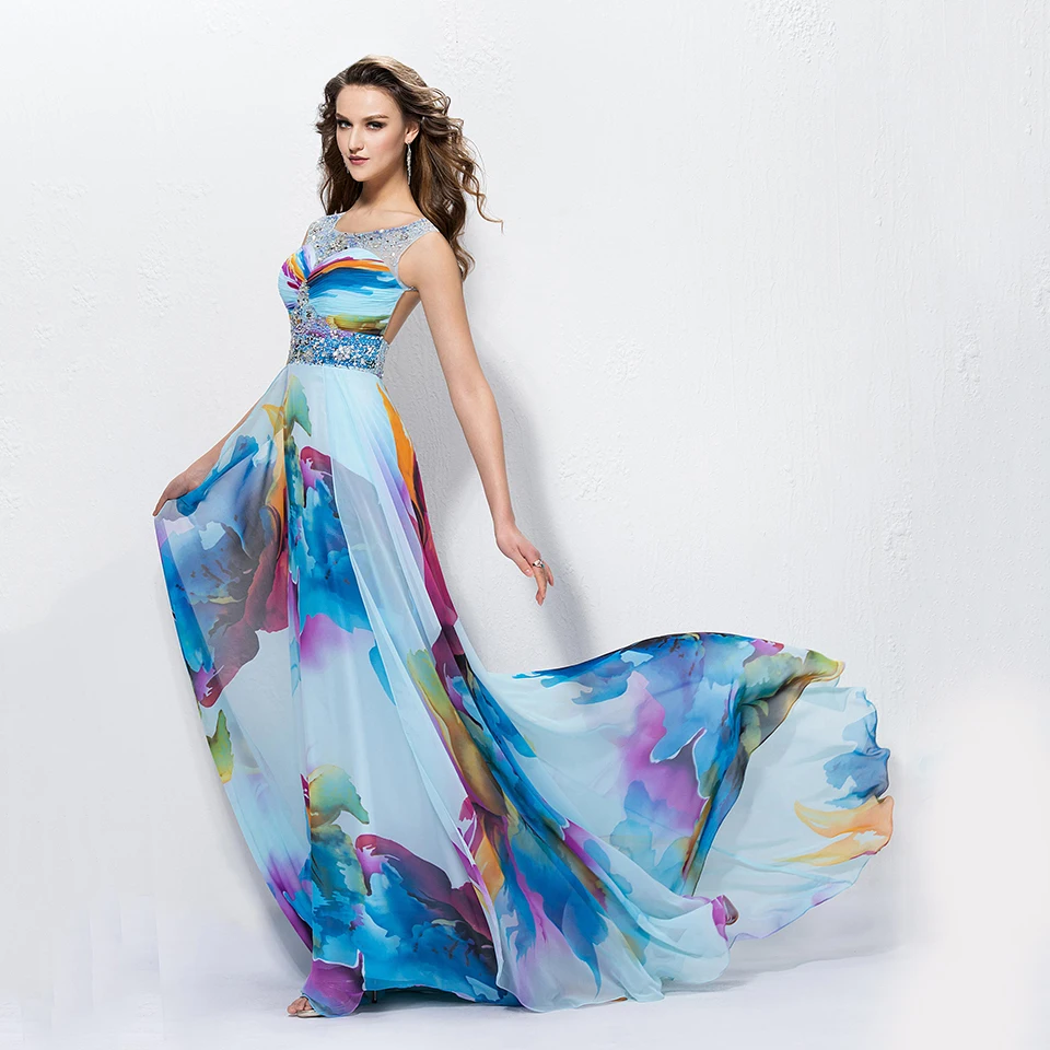 Dressv печать длинное платье с глубоким круглым декольте без рукавов линии простой спинки длиной до пола Вечерние платья для выпускного вечера