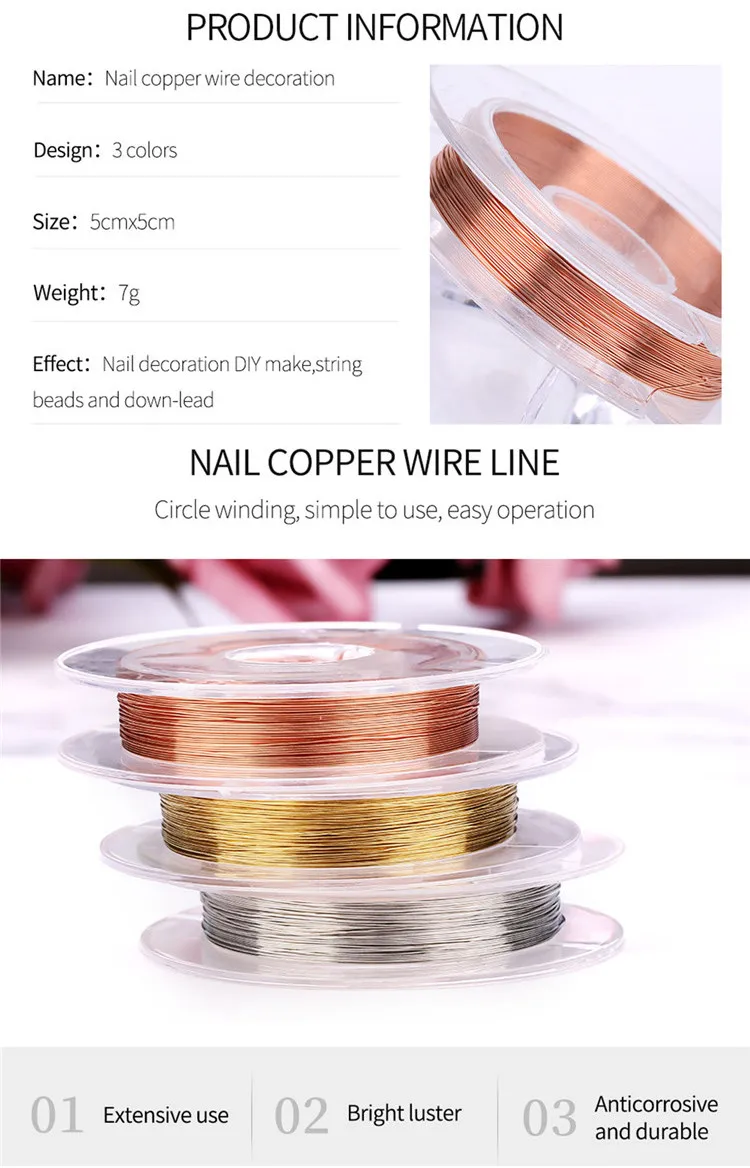 1pcs/Nail Art Copper Wire Soft Brass Line Cords Nail Decoration Nail DIY Design Gold Silver Rose Gold Manicure Supplies Y819