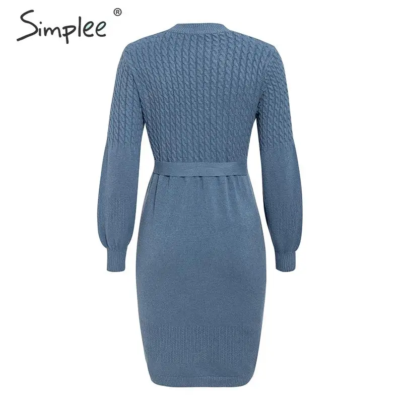 Simplee High waist sweater dress Elegant soft belt a-line women knitted dress Office lady solid bodycon chic party autumn dress