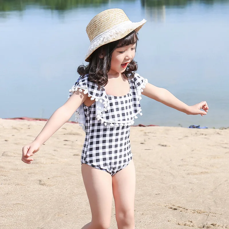 Детский купальный костюм для девочек; цельный бикини; коллекция года; кружевной купальник с оборками и рукавами для маленьких девочек; пляжные купальные костюмы