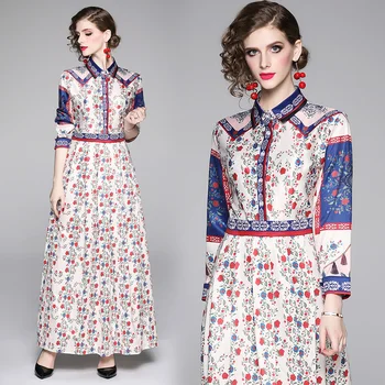 

womens Designer runway long maxi dress clothes holiday long sleeve printed rose Floral Swing party Casual A-Line Skater dresses