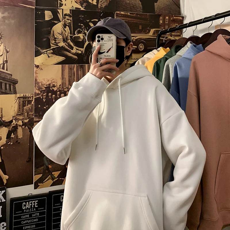 2021 Men's Solid Color Hooded Hoodies Cotton Clothes Loose Casual  Sweatshirts Fleece Lining Youth Coats 8-color Pullover M-5XL
