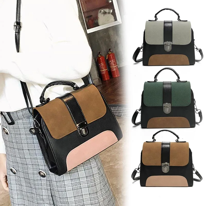 

2019 Simple Fashion Women PU Leather Shoulder Bag Patchwork Color Handbag Hasp Buckle Travel Bag C55